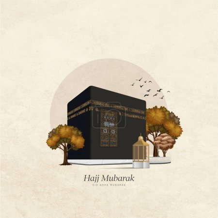 Téléchargez les illustrations : Carte vectorielle Kaaba et arbres d'automne pour les dessins Moubarak de l'Aïd - en licence libre de droit