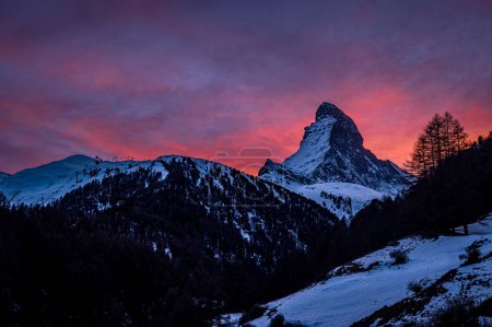 Photo for Sunset over the mountains. Landscape of Swiss Alps Matterhorn Glacier with snow in winter. Zermatt, Switzerland. - Royalty Free Image