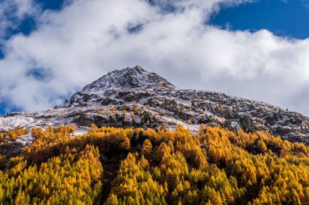 Photo for Landscape of the mountains, sky and forest in autumn. Snow covered mountain. Gouille, Evolene, Switzerland. - Royalty Free Image