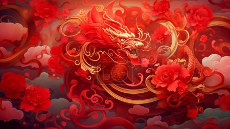 Photo for Red Chinese dragon. Illustration of Traditional zodiac Dragon and flowers. Happy Chinese new year backgrounds. - Royalty Free Image