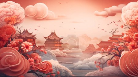 Photo for Illustration of Traditional building and red flowers. Happy Chinese new year backgrounds. - Royalty Free Image