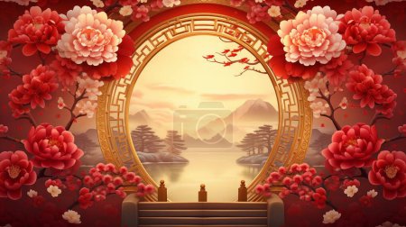 Foto de Ilustración del edificio tradicional, flores de peonía roja, montaña y lago. Feliz año nuevo chino fondos. - Imagen libre de derechos