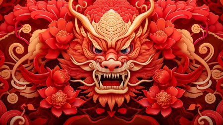 Close-up of red Chinese dragon. Illustration of Traditional zodiac Dragon and flowers. Happy Chinese new year backgrounds.