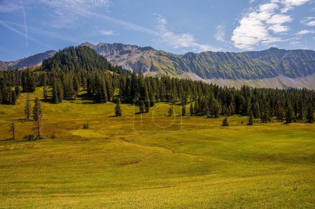 Landschaft aus Bergen, Himmel und Wald im Sommer. Sorenberg, Kanton Luzern, Schweiz.