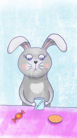Photo for Bunny cute sleepy character. Cartoon hand drawn character rabbit in the kitchen drinking morning coffee. The concept of morning. Blue, pink, gray colors. Funny, cute, kind childrens illustration - Royalty Free Image