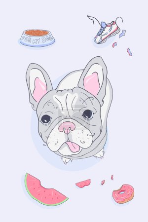 Illustration for French bulldog. Cute dog. Hand drawn illustration cartoon character funny dog. Puppy. Vector illustration. Print, design for fabric, textile, card - Royalty Free Image