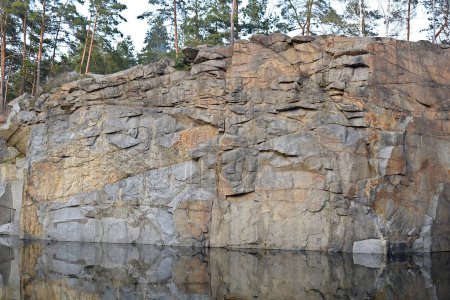 Vertical wall of an old granite quarry.