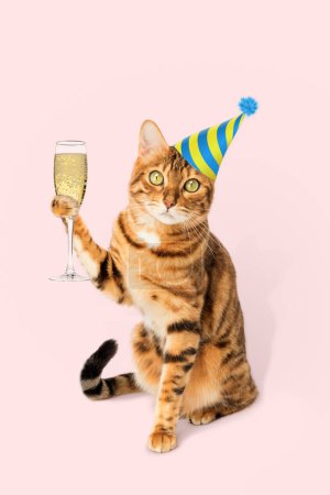 Photo for Ginger cat with a glass of champagne on a colored background. Party, celebration. - Royalty Free Image