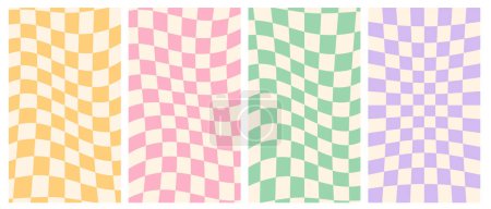 Illustration for Groovy hippie 70s vector backgrounds set. Chessboard patterns. Twisted and distorted vector texture in trendy retro psychedelic - Royalty Free Image