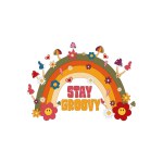 70s hippie stay groovy slogan with rainbow,daidy and mushroom. Hippie typography quote in 70s style.Design for t-shirts,posters,cards