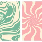 Groovy hippie 70s vector backgrounds set. Chessboard and twisted patterns. Backgrounds in trendy retro trippy style