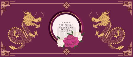 Ilustración de Feliz Año Nuevo Chino 2024. Fondo violeta con dragones dorados. Vector - Imagen libre de derechos
