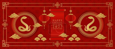 Frohes chinesisches Neujahr 2025. Roter Hintergrund mit goldener Schlange, Fächer und chinesischen Laternen.