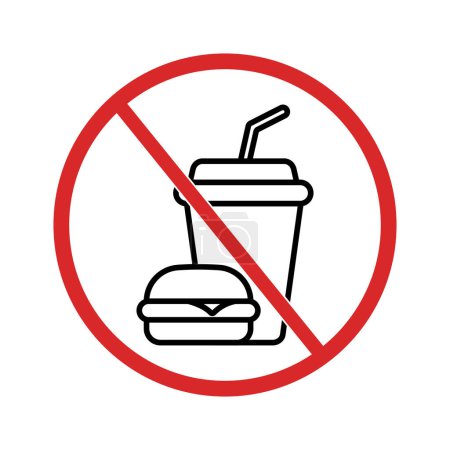 Ilustración de No hay comida y bebida señal prohibida. No hay hamburguesa, no hay bebida iconos lineales. Pegatina roja redonda. Vector - Imagen libre de derechos