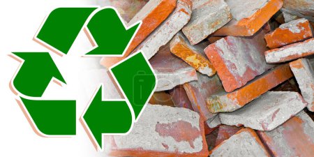 Photo for Recovery and recycling of a brick rubble debris on construction site after a demolition of a brick building - Royalty Free Image