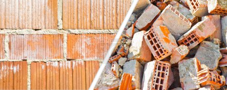 Photo for New brick wall made with hollow bricks used to make light partitions inside buildings against brick rubble debris on construction site after a demolition of a brick building - Royalty Free Image