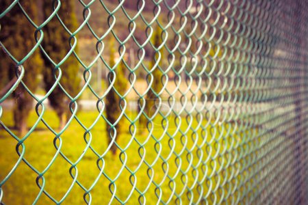 Green metal wire mesh against a green area - toned image.