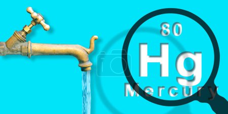 Téléchargez les photos : Présence de mercure dans l'eau potable - concept avec le tableau périodique de Mendeleev, le robinet en laiton ancien et la loupe - en image libre de droit