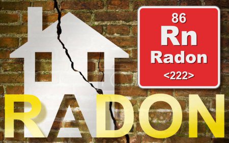 Foto de El peligro del gas radón en nuestros hogares - concepto con un contorno de una pequeña casa con texto de radón contra una pared de ladrillo agrietado dañado - Imagen libre de derechos