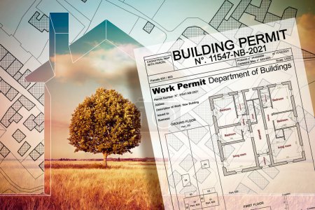 Photo for Building Permit concept with imaginary building approvation and home in nature - Royalty Free Image