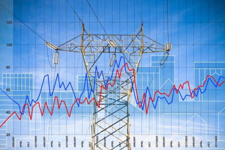 Growing graph about electricity production costs - concept with power tower and transmission lines against an imaginary cityscape