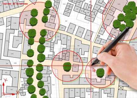 Téléchargez les photos : Recensement des singols, des groupes ou des rangées d'arbres dans les villes - concept de gestion verte et de cartographie des arbres avec carte de ville imaginaire avec arbres mis en évidence - en image libre de droit