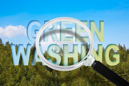 Warnung vor Greenwashing - Konzept mit Text gegen Wald und Lupe