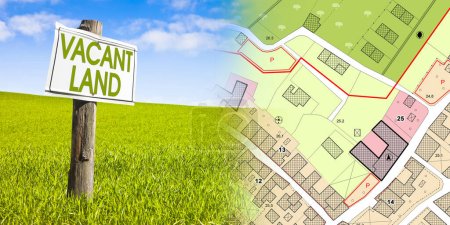 Gestion des terrains - concept immobilier avec un terrain vacant sur un champ vert disponible pour la construction de bâtiments dans un quartier résidentiel contre et carte cadastrale imaginaire