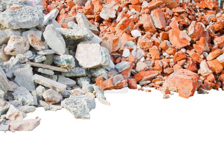 Photo for Concrete and brick rubble debris on construction site after a demolition of a brick building - image isolated on white for easy selection and copy space - Royalty Free Image