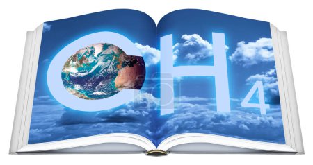 Foto de Las emisiones de metano de gas CH4 son la segunda causa de calentamiento global después del dióxido de carbono - libro abierto real con inserción de imágenes - concepto con imagen del NAS - Imagen libre de derechos