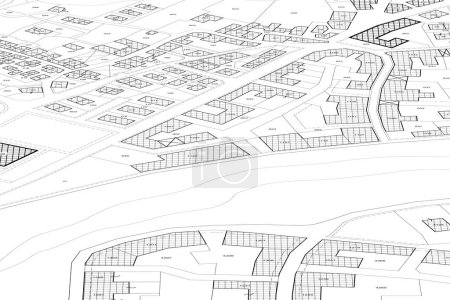 Imaginary cadastral map of territory with buildings, roads and land parcel - land and property registry and real estate property concept illustration