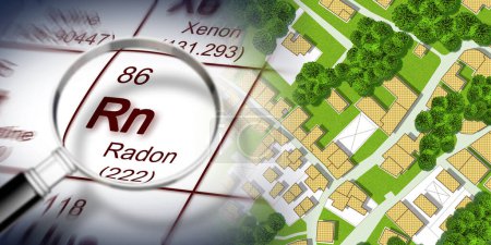 Téléchargez les photos : Le danger du radon dans nos villes - concept avec tableau périodique des éléments, loupe et plan cadastral imaginaire - en image libre de droit