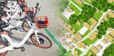 Foto de Alquiler de bicicletas aparcadas en una calle - transporte eco-alternativo en concepto de ciudad con un imaginario - Imagen libre de derechos