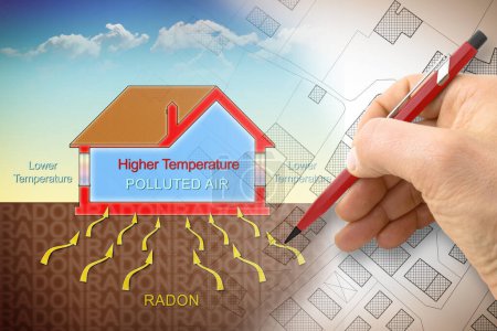 Foto de Hand drawing about how radon gas enters into our homes due to the temperature difference - concept illustration with a cross section of a building and a urban plan - Imagen libre de derechos