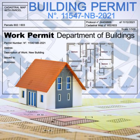 Building Permit concept with imaginary building approvation and residential home against a cadastral map and General Urban Planning 