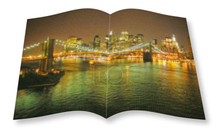 Photo for Manhattan waterfront with Brooklyn Bridge at night - New York City (USA) - 3D render concept image of an opened photo book with pixelation effect - I'm the copyright owner of the images used in this 3D render - Royalty Free Image