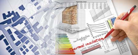 Engineer writing formulas and diagrams about thermal insulation and buildings energy efficiency - concept image with city map.