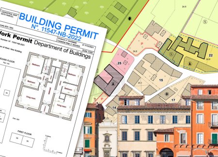 Plan Urbano General Imaginario y Edificios Permiso con indicaciones de destinos urbanos y paisaje urbano antiguo