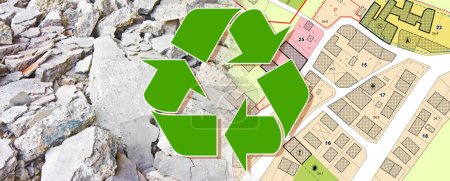 Photo for Recovery and recycling of concrete and brick rubble debris on construction site after a demolition of building - concept with a city map and buildings - Royalty Free Image