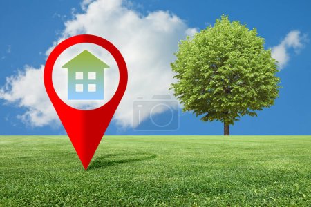 Photo for Real Estate and Building Activity in natural areas with a vacant land on a green field available for building construction - concept with red location pin point icon and lone tree - Royalty Free Image