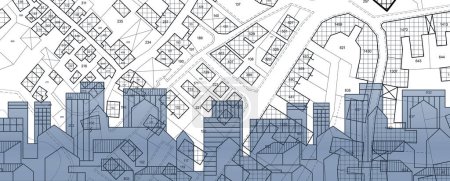 Immobilienkonzept mit Stadtbild, Wohnbebauung über einer imaginären Katasterkarte von Territorien mit Gebäuden und Parzellen - Grundbuchkonzept
