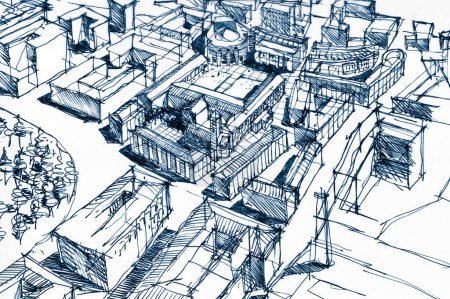 Planung einer neuen Stadt - Skizze einer neuen modernen imaginären Stadt auf Papier