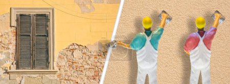 Photo for Renovation of an old plaster wall with a new one - concept with an old damaged plaster wall and miniature of construction worker - Royalty Free Image