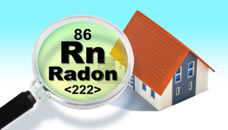 El peligro del gas radón natural en nuestros hogares - concepto con presencia de gas radón bajo el suelo de edificios con lupa y modelo de hogar