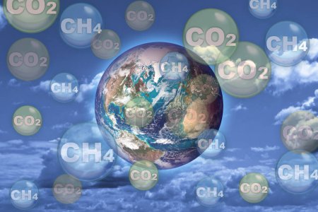 Foto de CO2 Dióxido de carbono y emisiones de gas metano CH4, las dos principales causas del calentamiento global - concepto con imagen del NAS - Imagen libre de derechos