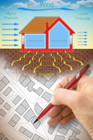 Foto de Dibujo manual sobre cómo el gas radón entra en nuestros hogares debido a la presión del viento - ilustración conceptual con una sección transversal de un edificio y un plan urbano - Imagen libre de derechos