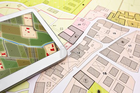 Baugenehmigungskonzept mit imaginärem Kataster auf digitalem Tablet - Bautätigkeit und Bauwirtschaft mit Allgemeinem Stadtplan