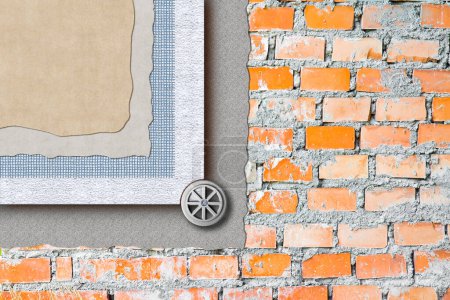Téléchargez les photos : Mur en brique isolé avec panneaux en polystyrène collés sur la surface du mur - Amélioration de la performance énergétique des bâtiments - image concept - en image libre de droit