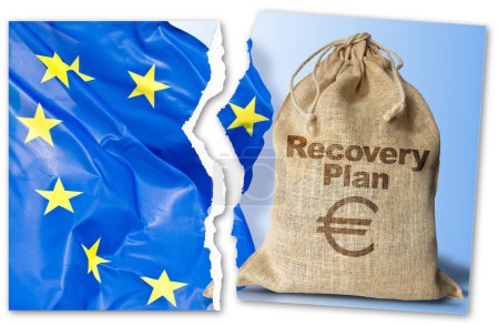 Doubts and problems about the European Recovery and Resilience Plan against the crisis of the Covid virus pandemic - concept with european flag, jute bag of money and torn image