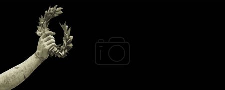 Photo for Hand holds a laurel wreath - old traditional bronze statue on solid color background - Success and fame web banner design concept with copy space - Royalty Free Image
